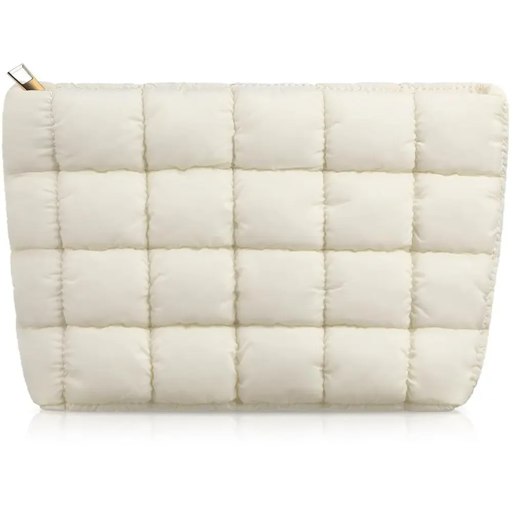 Puffy Quilted Makeup Bag White Checkered Travel Cosmetic Toiletry‎ NEW